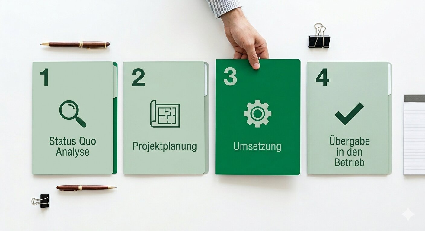 4-Phasen-Modell Vier-Phasen-Modell: Analyse, Programmaufbau, Implementierung und Übergabe, KI-generiert