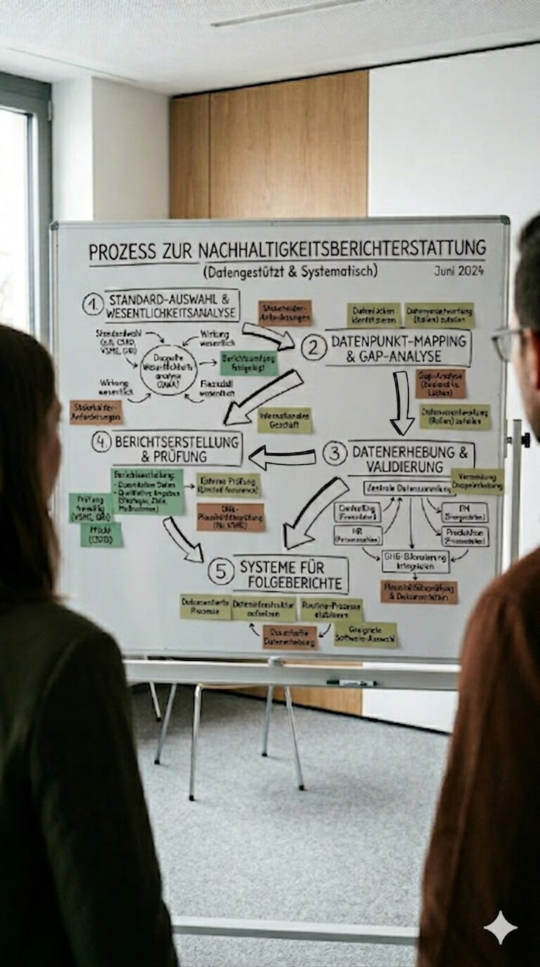 Ablauf eines Nachhaltigkeitsberichts: von der Wesentlichkeitsanalyse über Datenerhebung bis zum fertigen Report; KI-generiert
