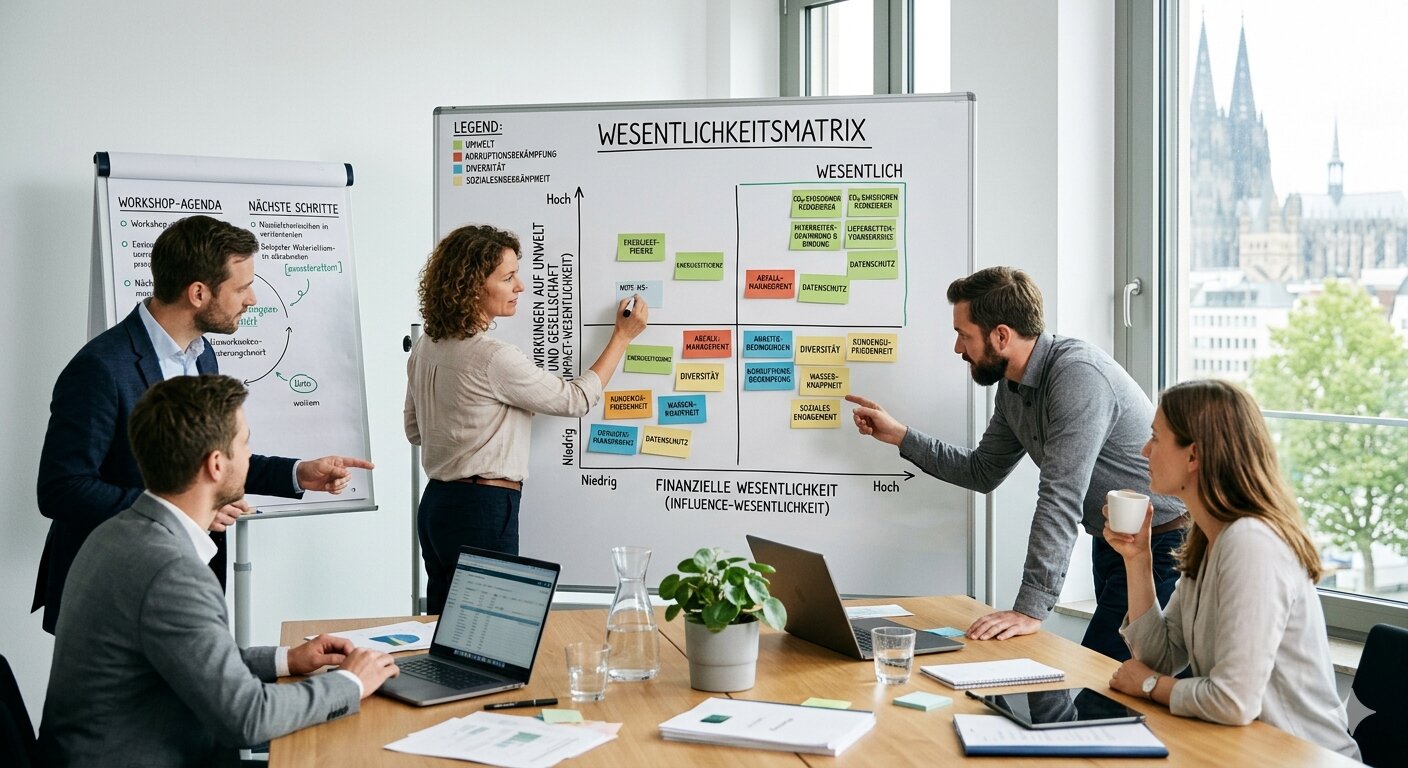 Workshop Nachhaltigkeitsstrategie: Führungskräfte bei der Wesentlichkeitsanalyse am Whiteboard, KI-generiert