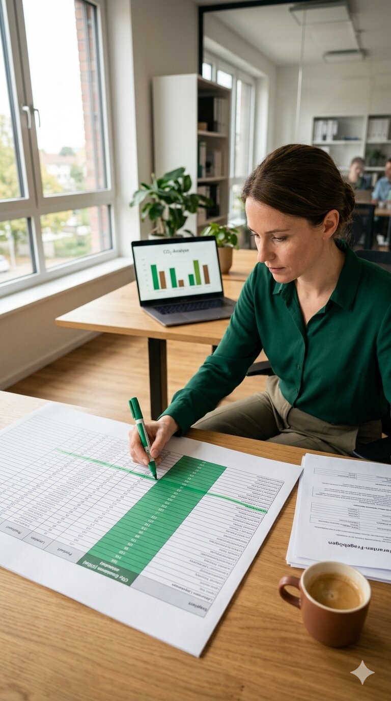 Scope 3 Scope-3-Wertschöpfungskette mit vor- und nachgelagerten Emissionskategorien nach GHG Protocol, KI-generiert
