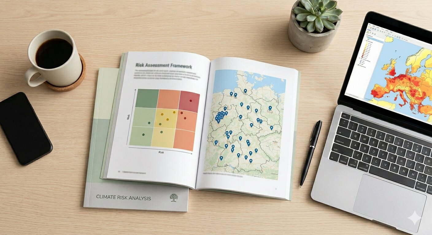Standort-Exposition Klimarisikoanalyse Report: physische und transitorische Risikobewertung pro Standort; KI-generiert