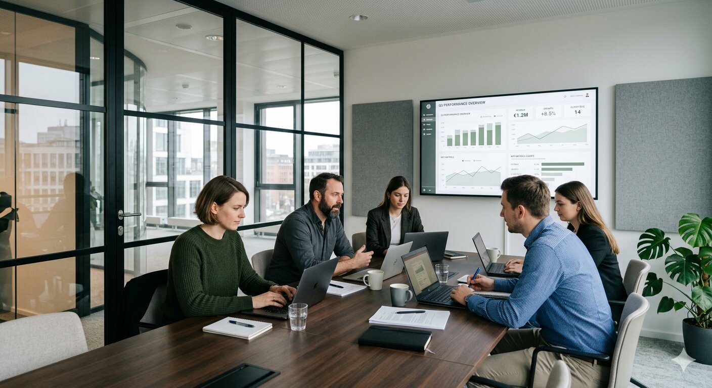 Nachhaltigkeitsstrategie entwickeln: Besprechungsraum mit ESG-Dashboard und KPI-Übersicht, KI-generiert