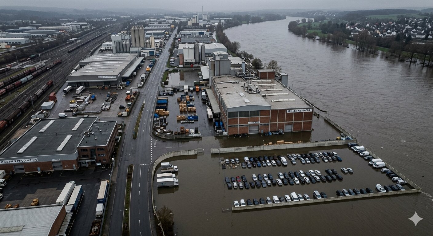 Überschwemmung Klimawandel-Auswirkungen auf Unternehmen: Extremwetter und regulatorische Veränderungen; KI-generiert